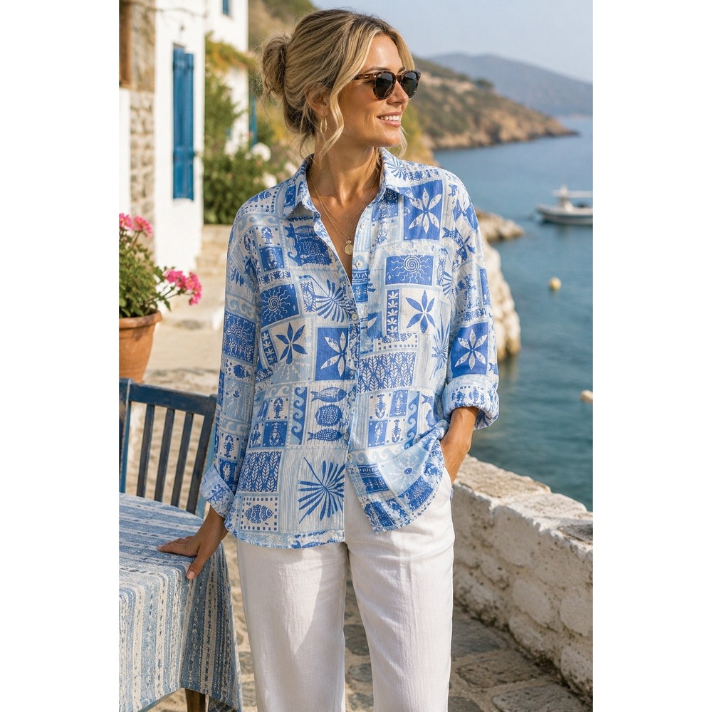C&C California 100% Linen Blue Lobster Fish Block Print Button Down Shirt M